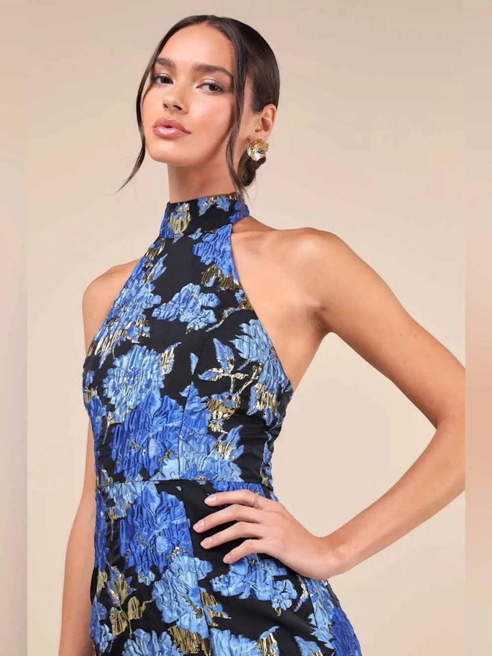 Lulu's Blue Floral Halter Mini Dress with Gold Accents NWOT - Picture 3 of 8